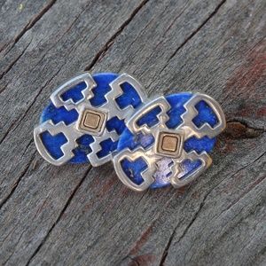 14k Gold and Sterling Lapis Relios Stud Earrings